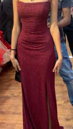 Pretty Sheath Spaghetti Straps Burgundy Slit Long Classy Evening Dress Classy Prom Dress