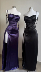 Pretty Sheath Spaghetti Straps Floor Length Ruffles Grape Slit Classy Prom Dress