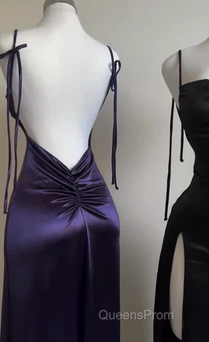 Pretty Sheath Spaghetti Straps Floor Length Ruffles Grape Slit Evening Prom Dress