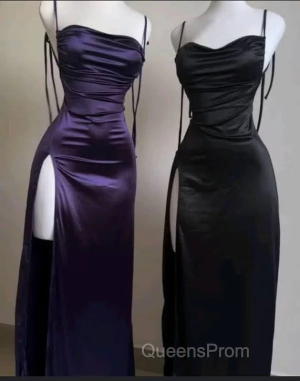 Pretty Sheath Spaghetti Straps Floor Length Ruffles Grape Slit Evening Prom Dress