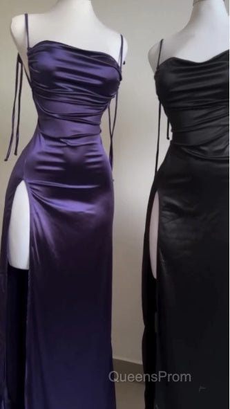 Pretty Sheath Spaghetti Straps Floor Length Ruffles Grape Slit Evening Prom Dress
