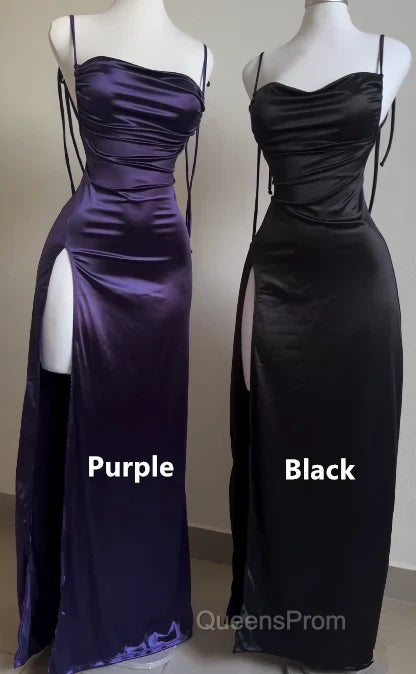 Pretty Sheath Spaghetti Straps Floor Length Ruffles Grape Slit Evening Prom Dress