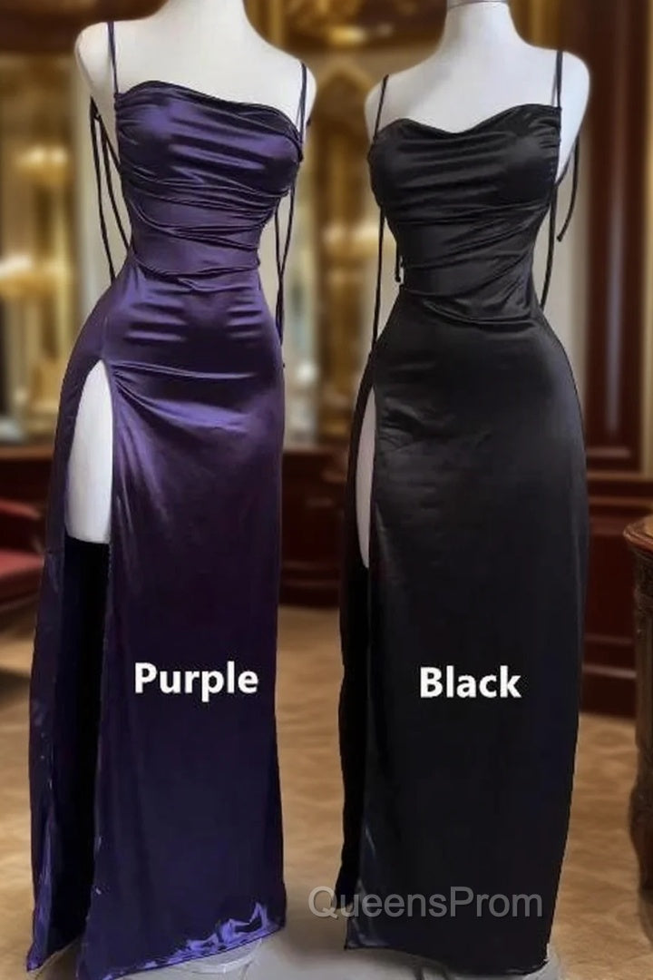 Pretty Sheath Spaghetti Straps Floor Length Ruffles Grape Slit Evening Prom Dress Main image