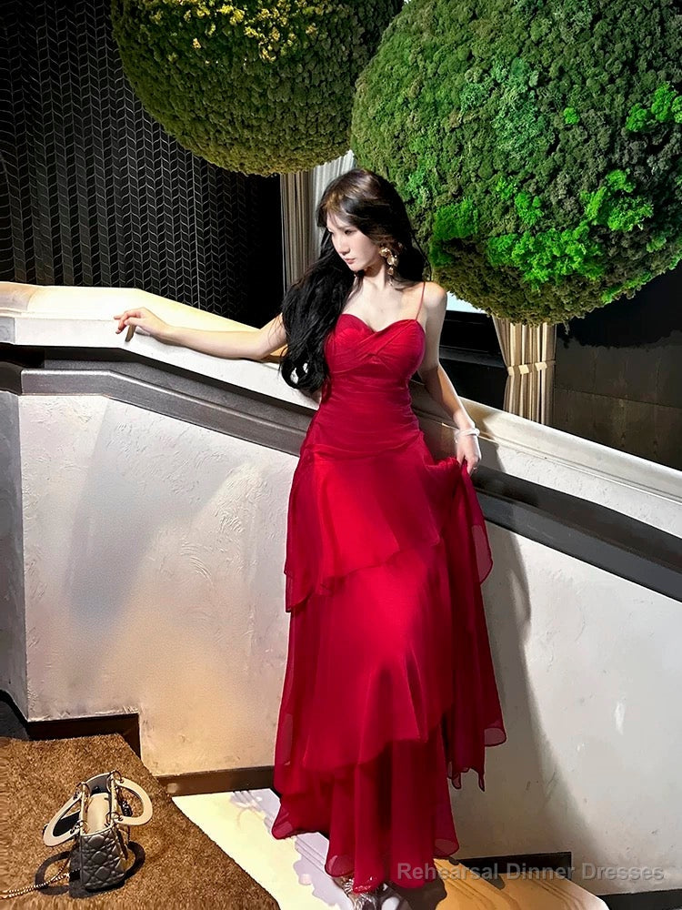 Pretty Sheath Spaghetti Straps Red Long Length Chiffon Prom Dresses Evening Gowns Birthday Dress Main image