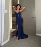 Pretty Sheath Spaghetti Straps Royal Blue Slit Long Classy Evening Dress Classy Prom Dress