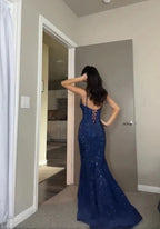 Pretty Sheath Spaghetti Straps Royal Blue Slit Long Classy Evening Dress Classy Prom Dress