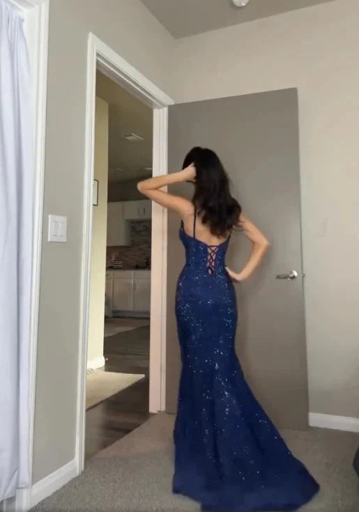 Pretty Sheath Spaghetti Straps Royal Blue Slit Long Classy Evening Dress Classy Prom Dress