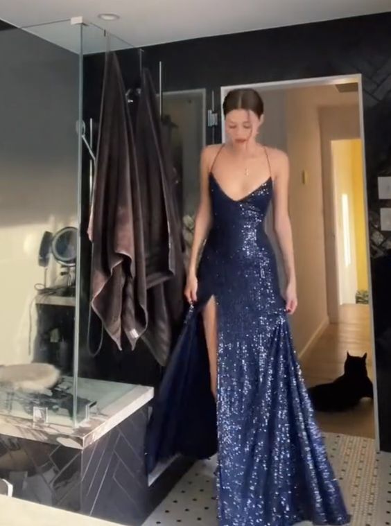 Pretty Sheath Spaghetti Straps Slit Navy Blue Sequin Classy Prom Dress Classy Evening Dress
