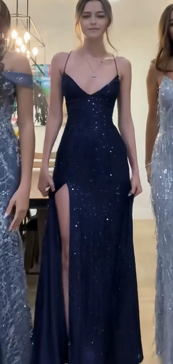 Pretty Sheath Spaghetti Straps Slit Navy Blue Sequin Classy Prom Dress Classy Evening Dress Main image
