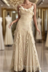 Pretty Sheath Spaghetti Straps Yellow Floor Length Evening Dress Chiffon Evening Prom Dress