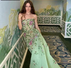 Pretty Sheath Strapless Green Floor Length Classy Evening Dress Organza Classy Prom Dress With Embroidered