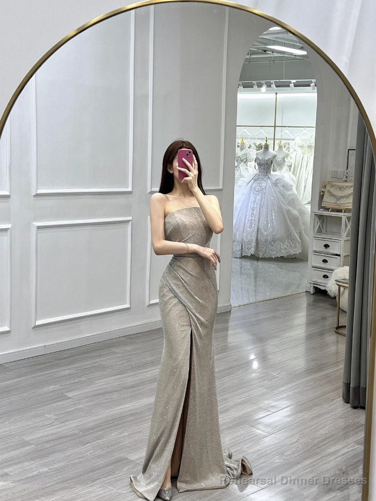 Pretty Sheath Strapless Neckline Sleeveless Evening Dress Silver Sequin Prom Dresses