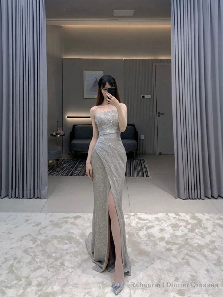 Pretty Sheath Strapless Neckline Sleeveless Party Dress Silver Sequin Prom Dresses