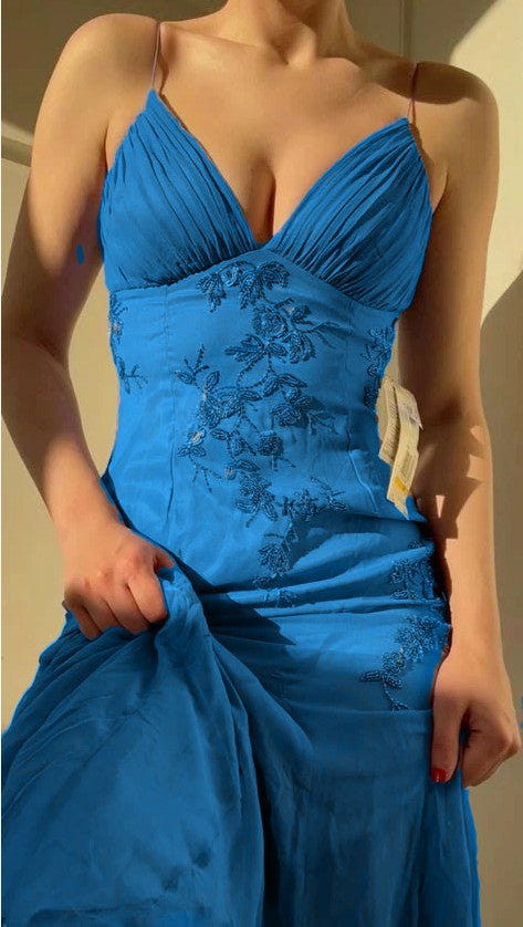 Pretty Spaghetti Straps V-Neck Beaded Backless Classy Prom Dress Party Dress