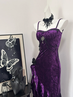 Pretty Spaghetti Straps Purple Velvet Ruffle Party Dress Birthday Classy Evening Dress