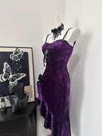 Pretty Spaghetti Straps Purple Velvet Ruffle Party Dress Birthday Classy Evening Dress