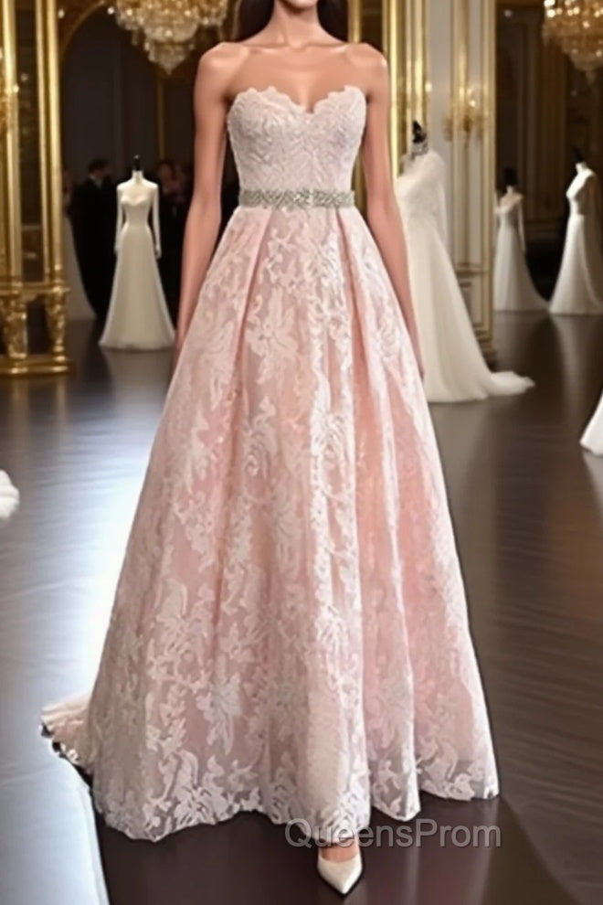 Pretty Sweetheart Neck Pink Lace Evening Prom Dress, Pink Evening Dress Main image