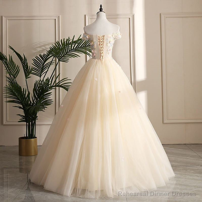 Pretty Tulle Champagne Off Shoulder  Prom Dress, Flowers Lace Formal Dress Main image