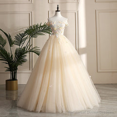 Pretty Tulle Champagne Off Shoulder  Prom Dress, Flowers Lace Formal Dress