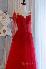 Pretty Tulle Long Evening Prom Dress With Applique,Red Party Dress Formal Evening Dress
