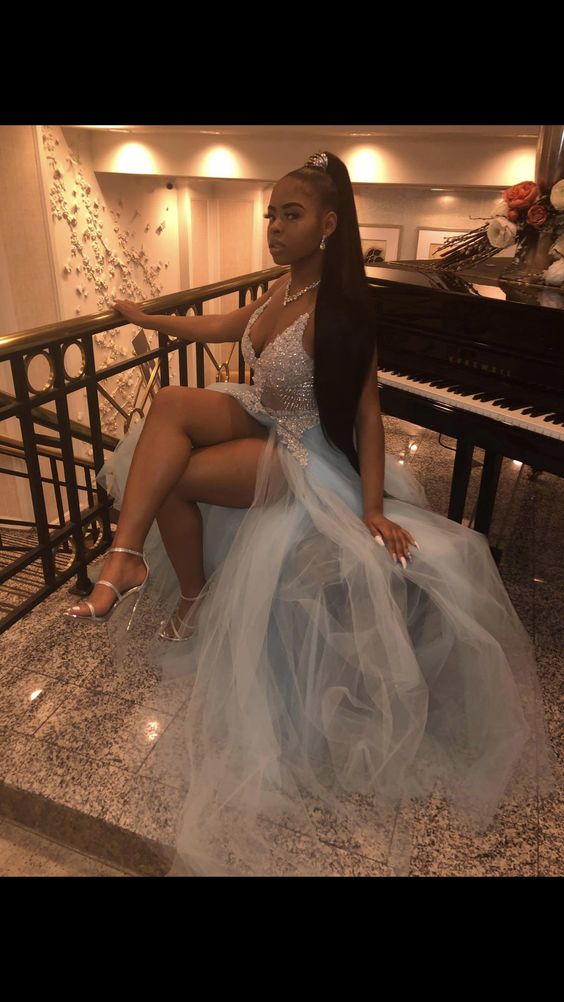 Pretty V Neck Lace Classy Prom Dress, Sexy Split Slit Classy Evening Dress Main image