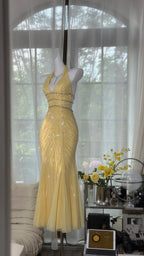 Pretty Yellow Sequin Halter Neck Backless Mermaid Classy Prom Dress