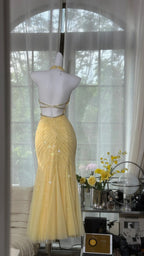 Pretty Yellow Sequin Halter Neck Backless Mermaid Classy Prom Dress