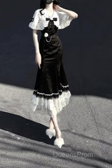 Princess A Line Black Satin Long Evening Prom Dress Night Lolita Dress Birthday Outfits