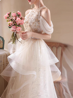 Princess A-Line Halter Neck Sequin Embroidered Tiered Tulle Long Classy Prom Dress