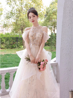 Princess A-Line Halter Neck Sequin Embroidered Tiered Tulle Long Classy Prom Dress