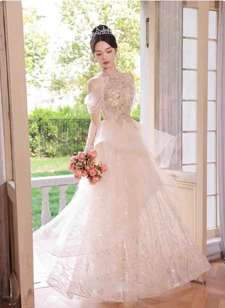 Princess A-Line Halter Neck Sequin Embroidered Tiered Tulle Long Classy Prom Dress