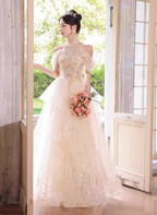 Princess A-Line Halter Neck Sequin Embroidered Tiered Tulle Long Classy Prom Dress
