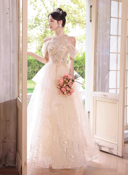 Princess A-Line Halter Neck Sequin Embroidered Tiered Tulle Long Classy Prom Dress