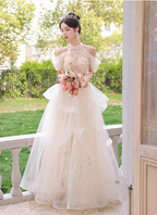 Princess A-Line Halter Neck Sequin Embroidered Tiered Tulle Long Classy Prom Dress
