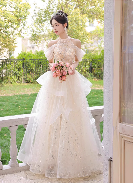 Princess A-Line Halter Neck Sequin Embroidered Tiered Tulle Long Classy Prom Dress