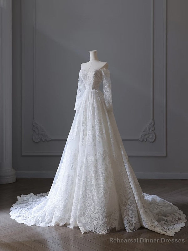 Princess A line Off The Shoulder White Lace Long Wedding Dresses Brides Dress Secondary image