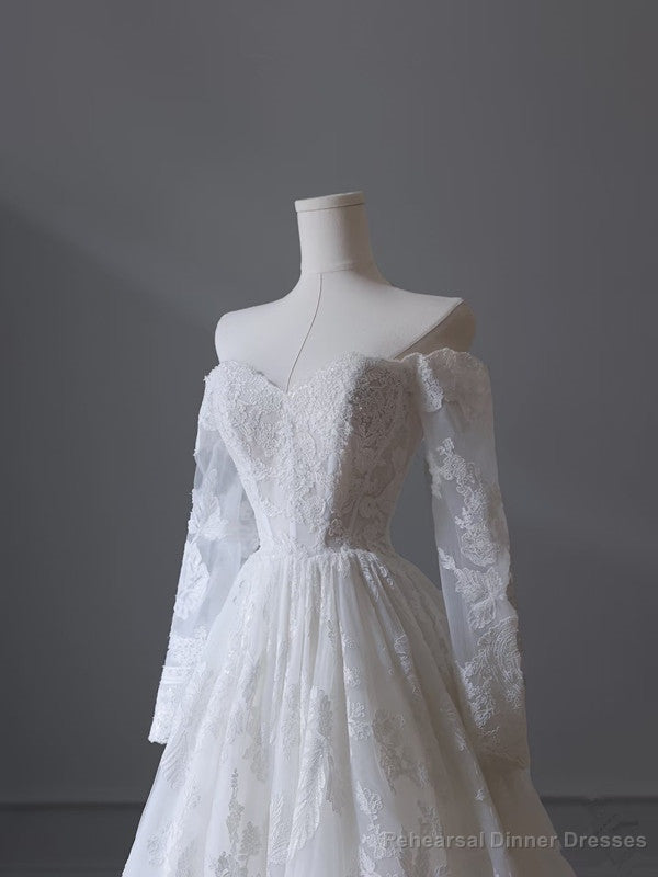 Princess A line Off The Shoulder White Lace Long Wedding Dresses Brides Dress
