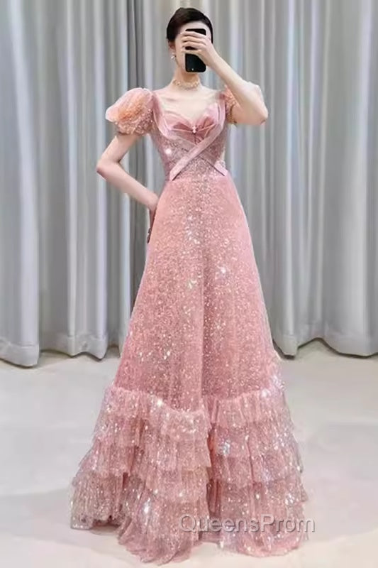 Princess A Line Pink Short Sleeves Sequin Long Evening Prom Dress Secondary image