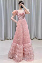 Princess A Line Pink Short Sleeves Sequin Long Evening Prom Dress