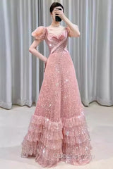 Princess A Line Pink Short Sleeves Sequin Long Evening Prom Dress
