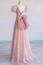 Princess A Line Pink Short Sleeves Sequin Long Evening Prom Dress