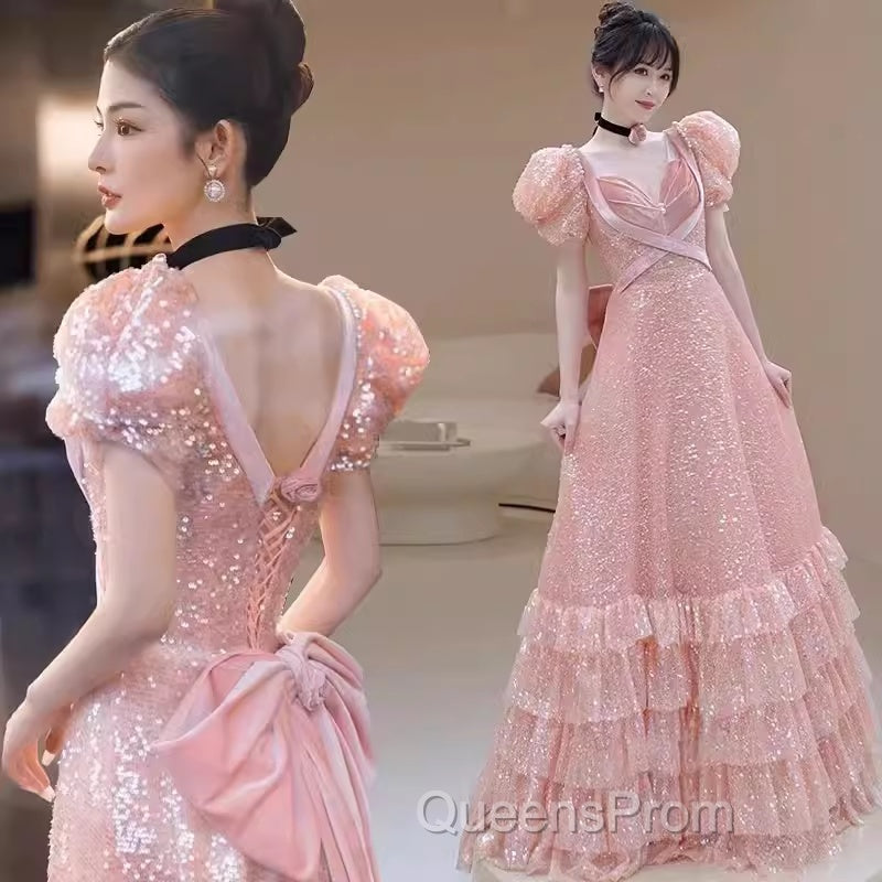 Princess A Line Pink Short Sleeves Sequin Long Evening Prom Dress