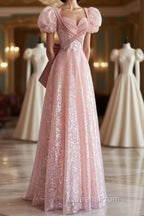 Princess A Line Pink Short Sleeves Sequin Long Evening Prom Dress