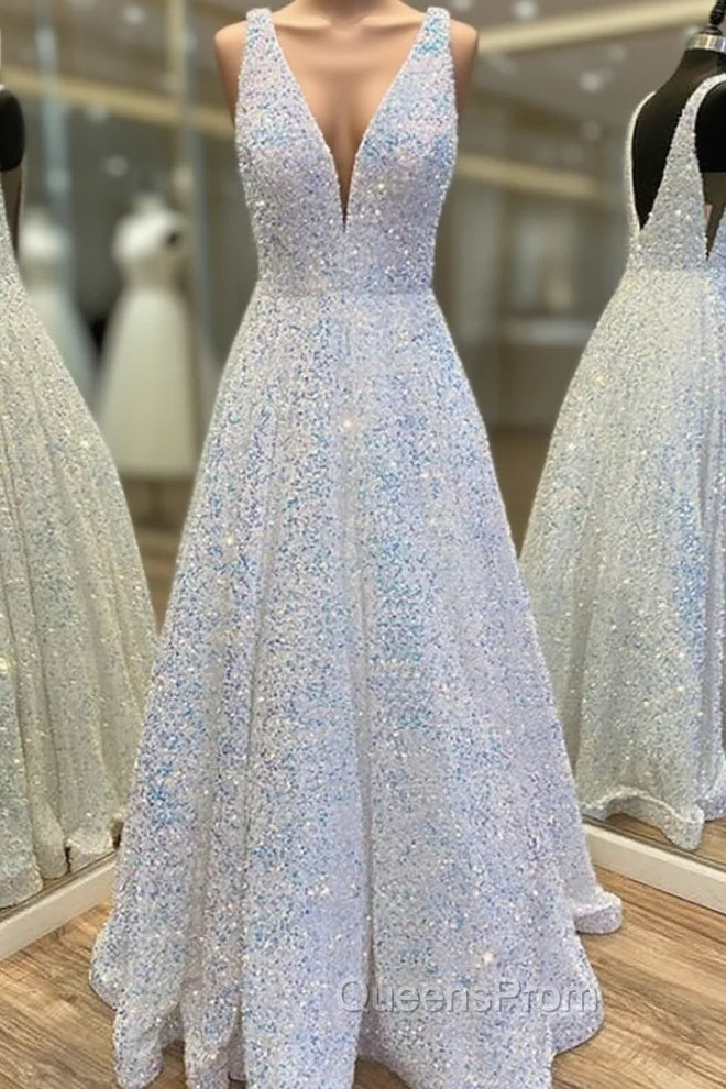 Princess A-line V Neck Sleeveless Velvet Sequins Long/Floor-Length Evening Prom Dress With Pockets Main image