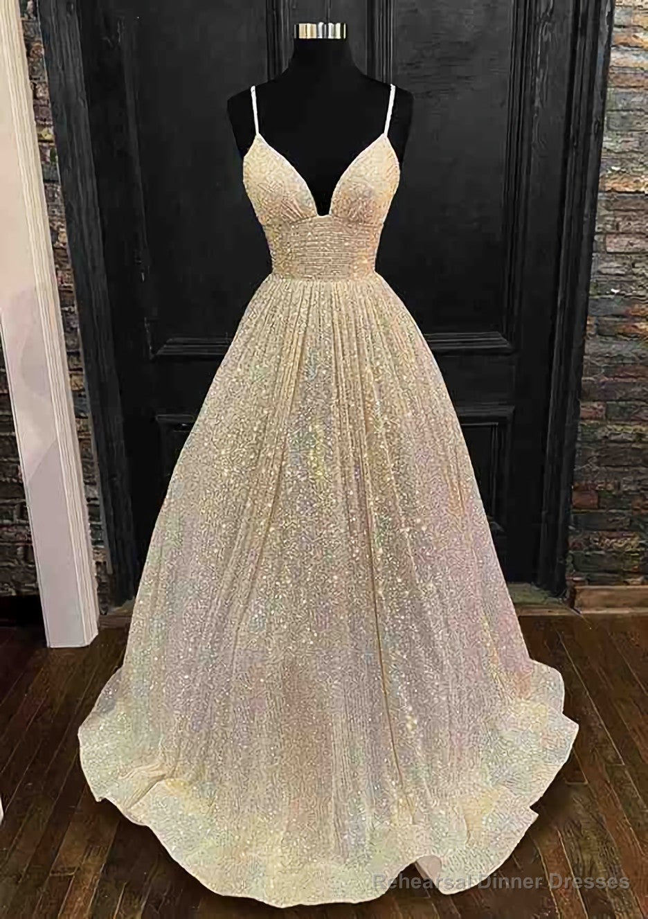 Princess A-line V Neck Spaghetti Straps Long/Floor-Length Sequined Prom Dresses With Pleated
