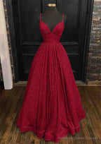 Princess A-line V Neck Spaghetti Straps Long/Floor-Length Sequined Prom Dresses With Pleated