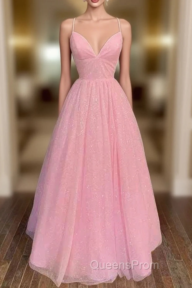 Princess A-line V Neck Spaghetti Straps Long/Floor-Length Tulle Glitter Evening Prom Dress Main image