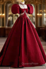 Princess Ball Gown Red Lace Long Evening Prom Dress