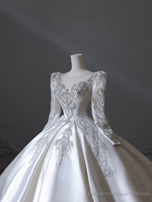 Princess Ball Gown Scoop Neckline Long Sleeves Pleats Beads White Satin Wedding Dresses Secondary image