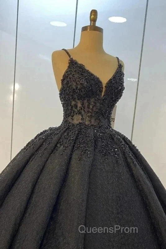 Princess Ball Gown Spaghetti Straps Beaded Black Wedding Dress